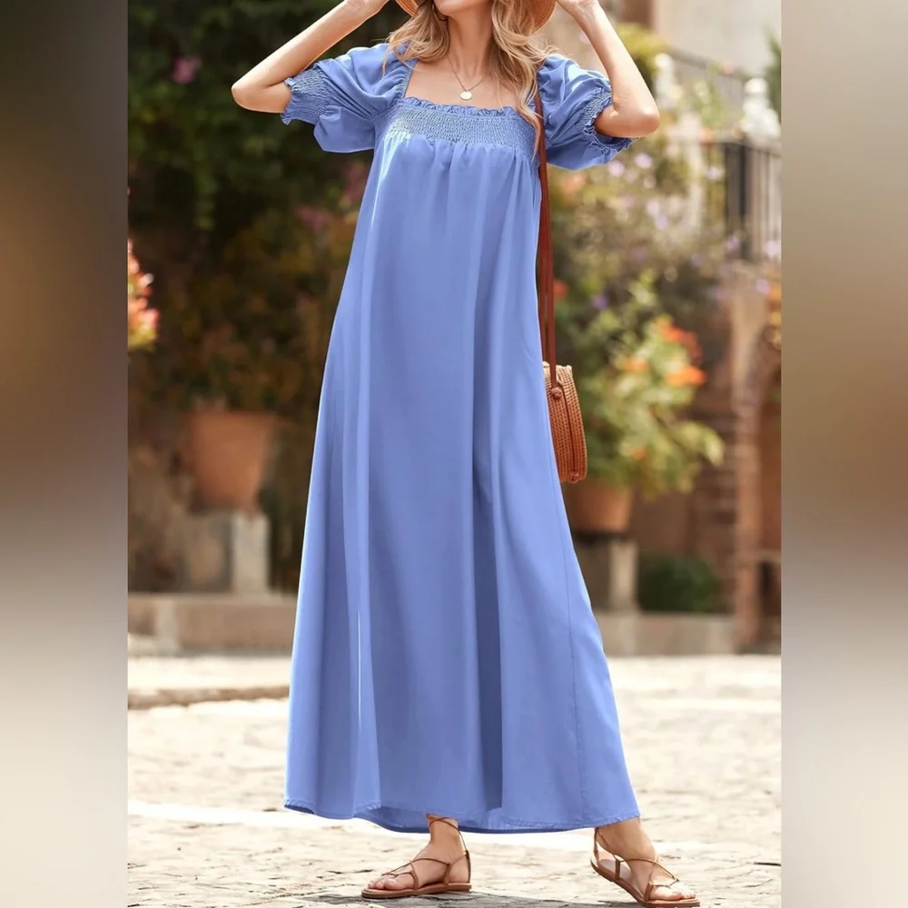 Light Blue Smocked Maxi Dress with Pockets - Picture 4 of 8